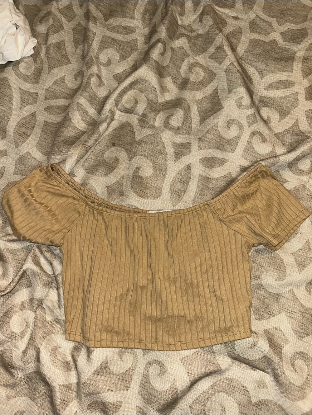 Almost Famous Ribbed Off-Shoulder Crop Top - Camel/Tan